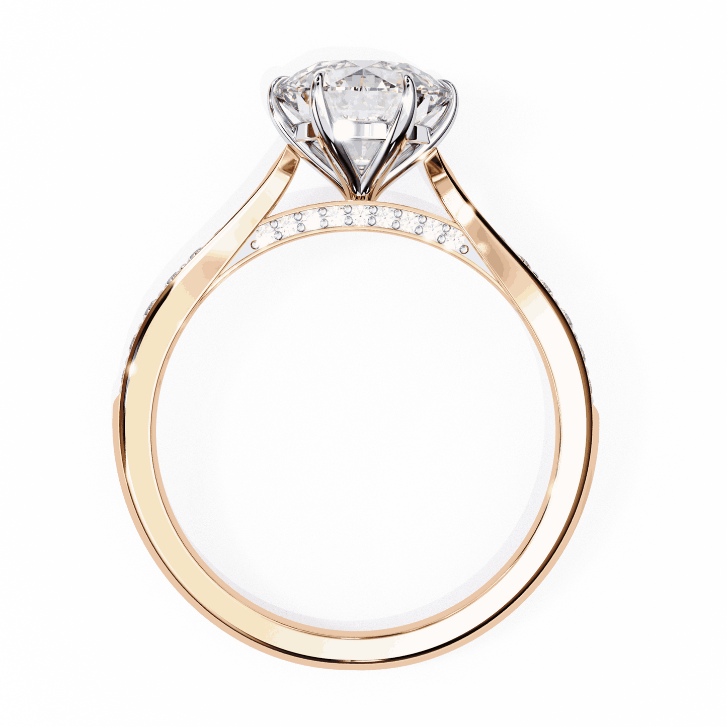 Round Cut Lab Grown Diamond Pave Engagement Ring with Tapered Bead Set Shoulders
