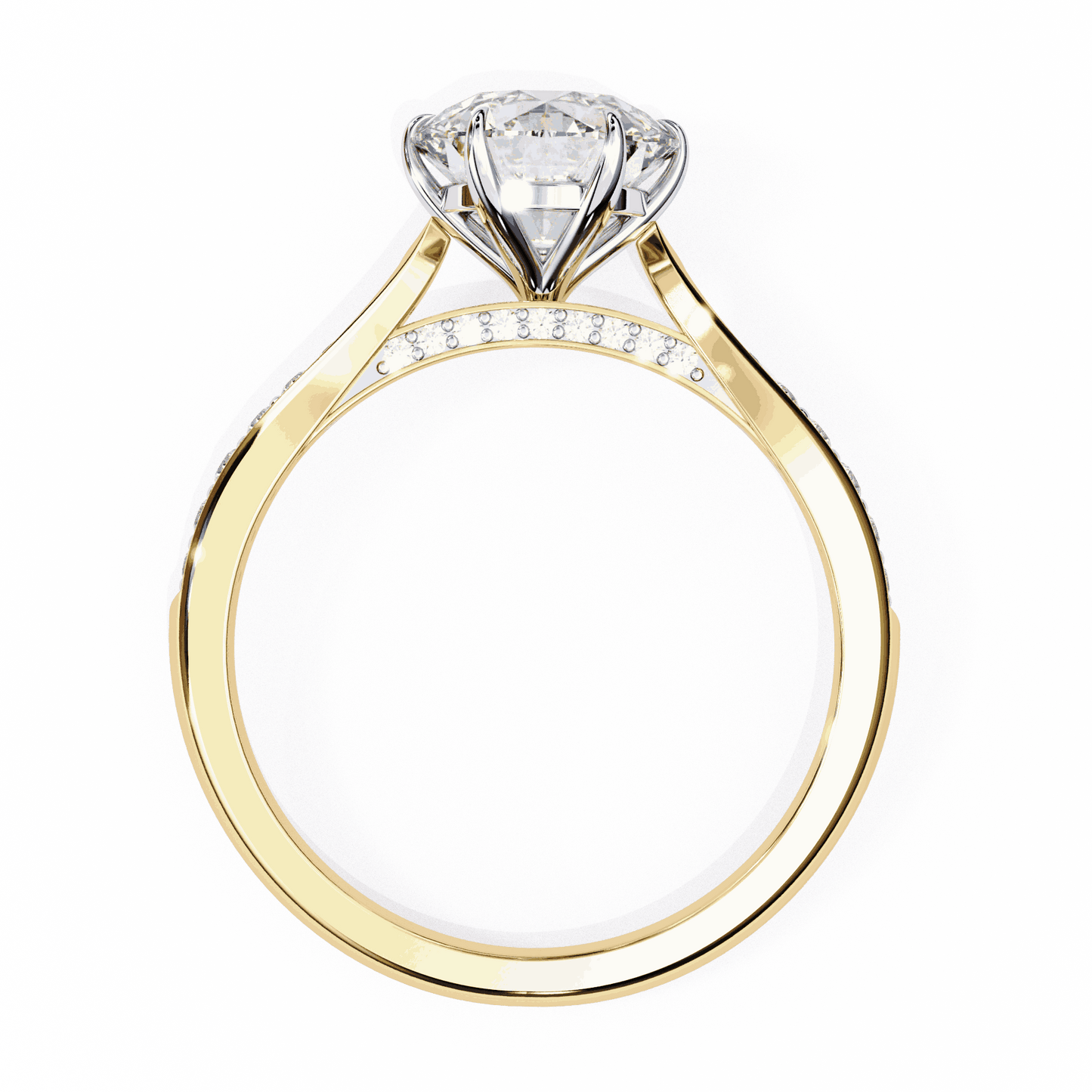 Round Cut Lab Grown Diamond Pave Engagement Ring with Tapered Bead Set Shoulders