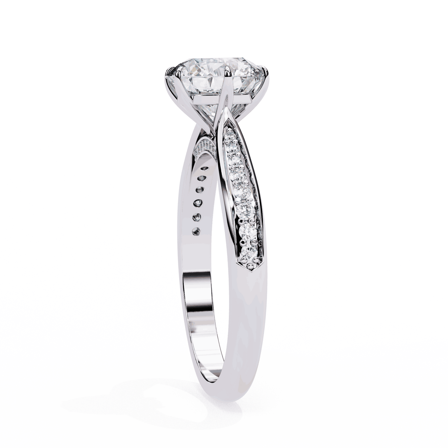 Round Cut Lab Grown Diamond Pave Engagement Ring with Tapered Bead Set Shoulders