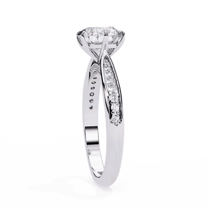 Round Cut Lab Grown Diamond Pave Engagement Ring with Tapered Bead Set Shoulders