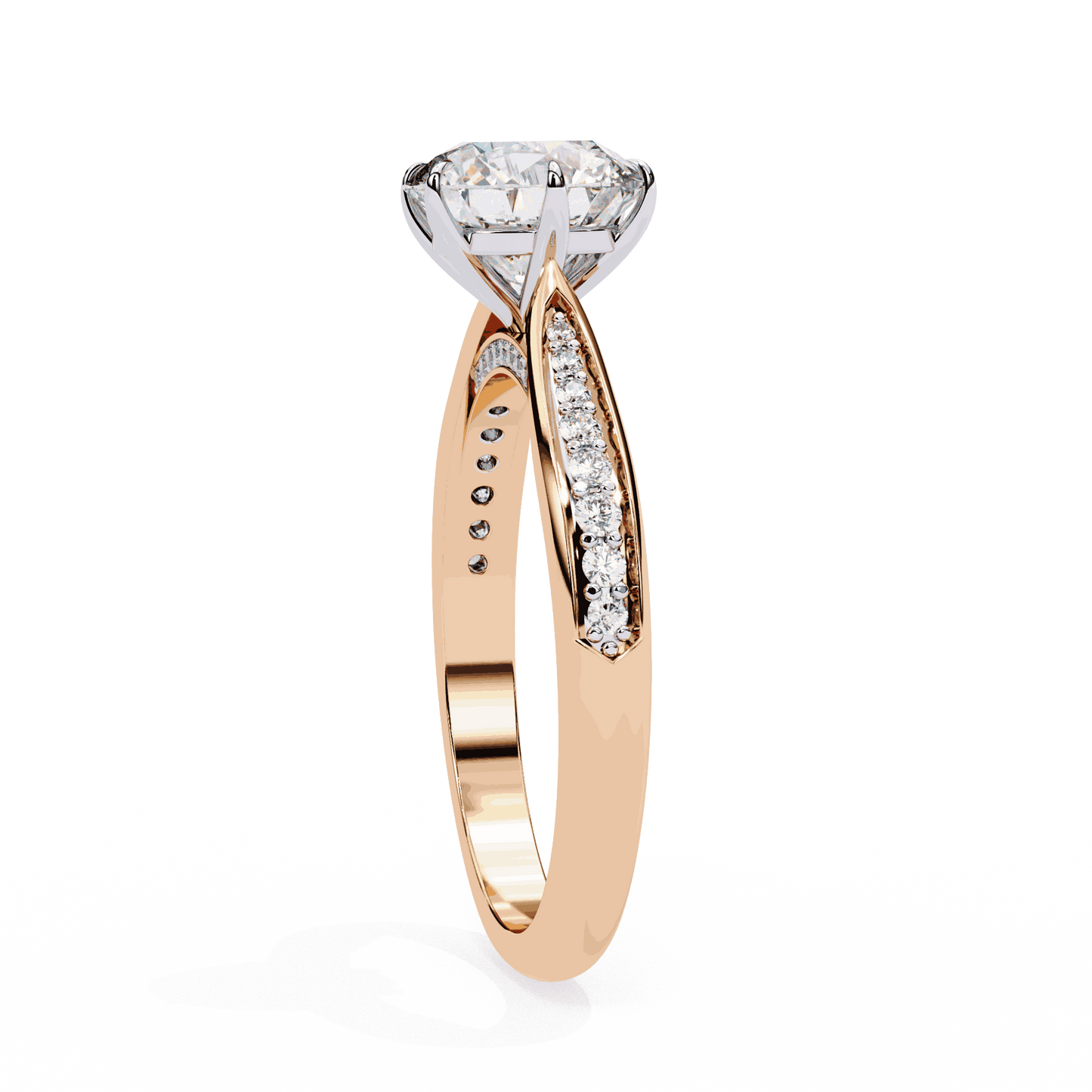 Round Cut Lab Grown Diamond Pave Engagement Ring with Tapered Bead Set Shoulders