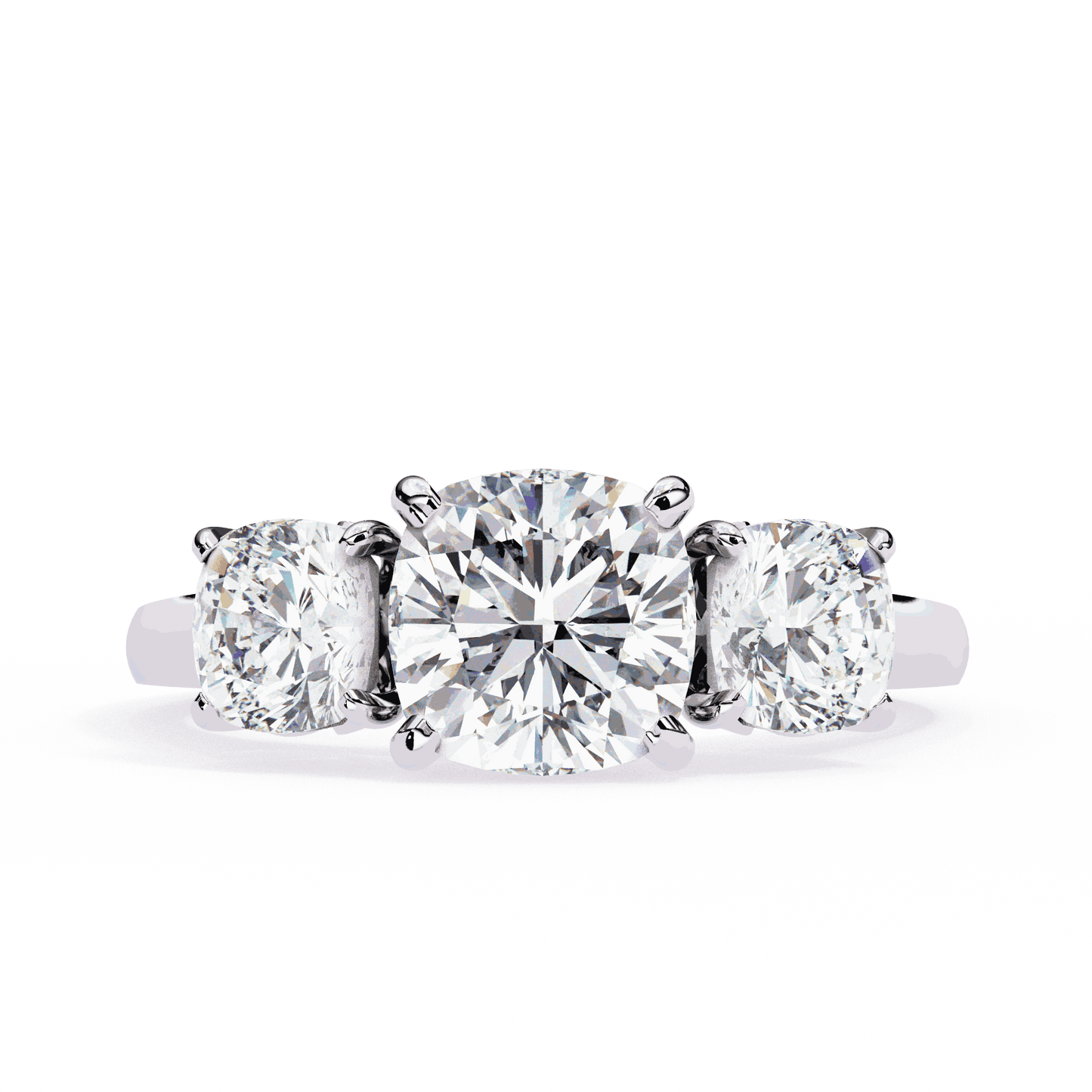 Cushion Cut Lab Grown Diamond Three Stone Engagement Ring with Cushion Side Stones