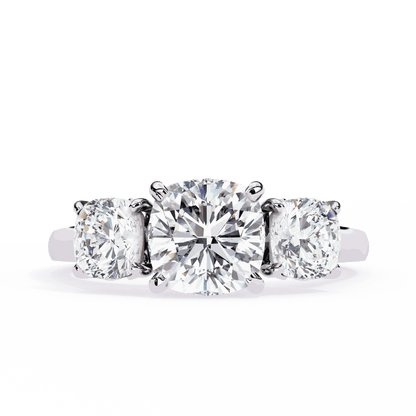 Cushion Cut Lab Grown Diamond Three Stone Engagement Ring with Cushion Side Stones