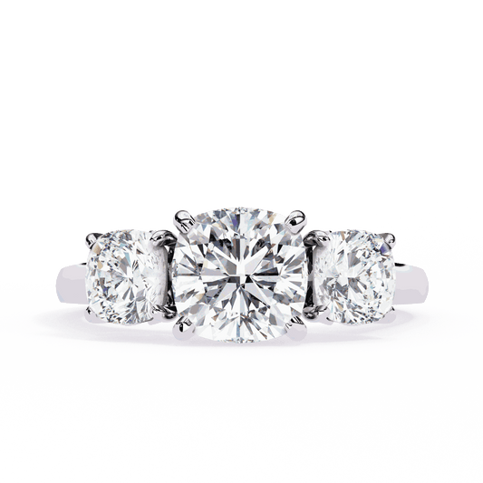 Cushion Cut Lab Grown Diamond Three Stone Engagement Ring with Cushion Side Stones
