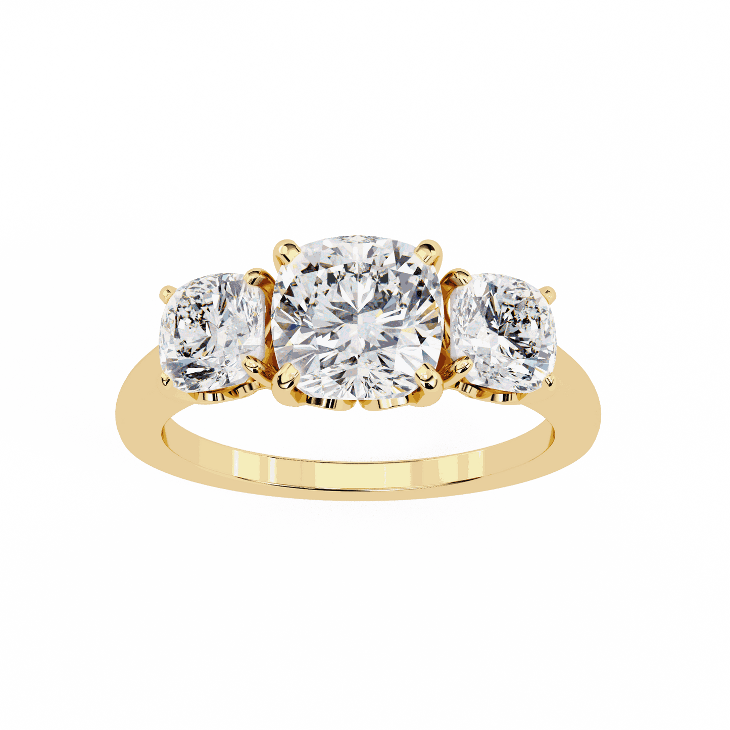 Cushion Cut Lab Grown Diamond Three Stone Engagement Ring with Cushion Side Stones