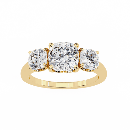 Cushion Cut Lab Grown Diamond Three Stone Engagement Ring with Cushion Side Stones