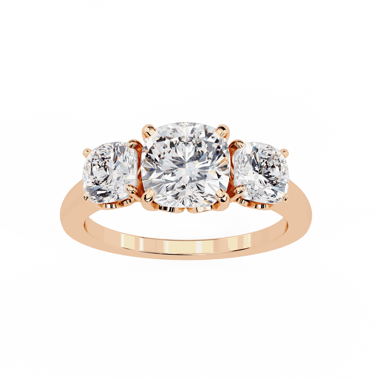 Cushion Cut Lab Grown Diamond Three Stone Engagement Ring with Cushion Side Stones