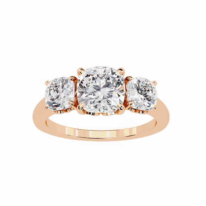 Cushion Cut Lab Grown Diamond Three Stone Engagement Ring with Cushion Side Stones