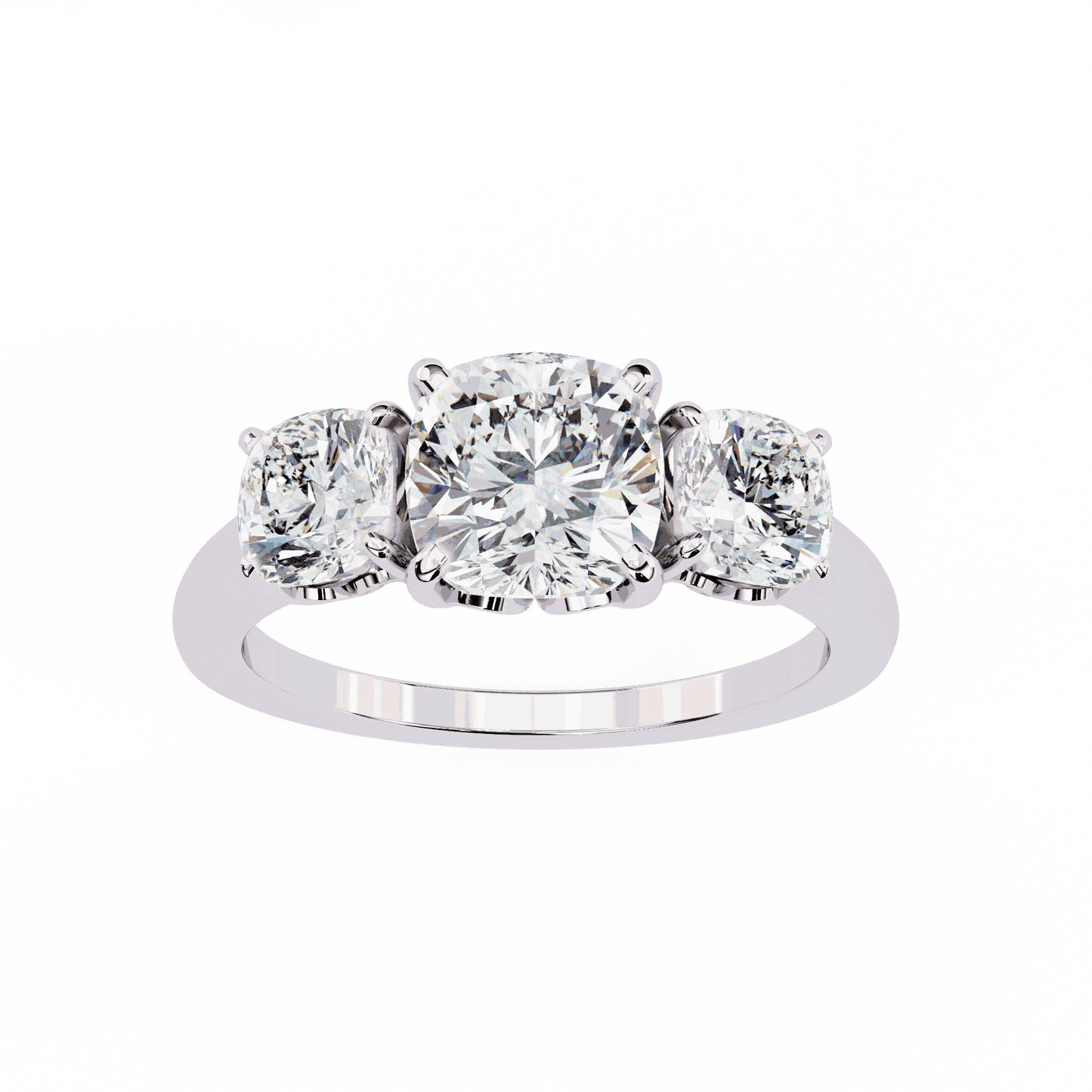Cushion Cut Lab Grown Diamond Three Stone Engagement Ring with Cushion Side Stones
