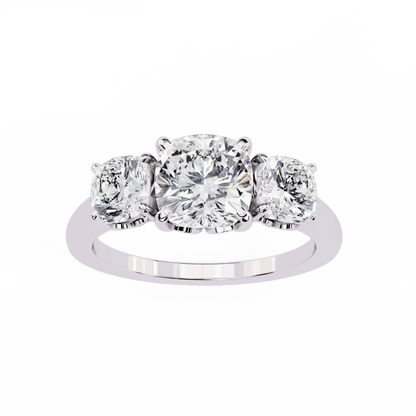 Cushion Cut Lab Grown Diamond Three Stone Engagement Ring with Cushion Side Stones