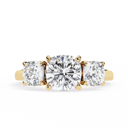Cushion Cut Lab Grown Diamond Three Stone Engagement Ring with Cushion Side Stones