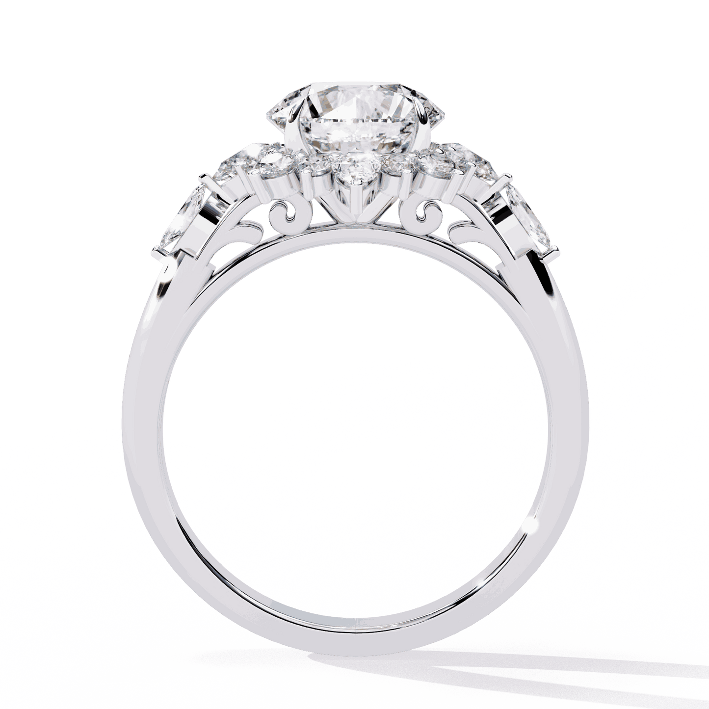Round Cut Lab Grown Diamond Halo Engagement Ring with Snowflake Starburst Halo