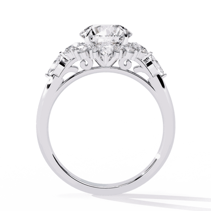 Round Cut Lab Grown Diamond Halo Engagement Ring with Snowflake Starburst Halo