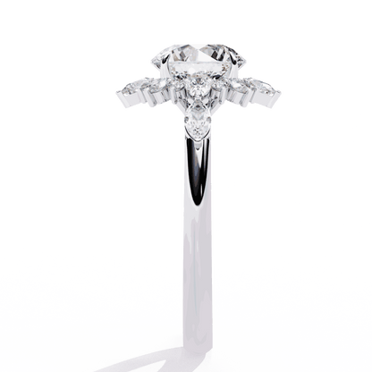 Round Cut Lab Grown Diamond Halo Engagement Ring with Snowflake Starburst Halo
