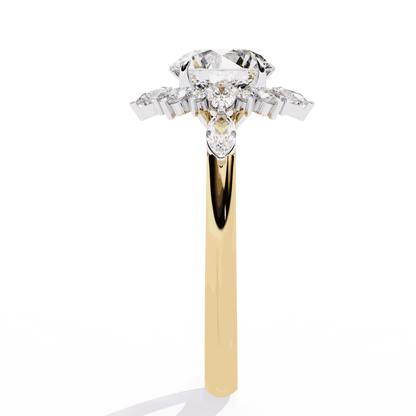 Round Cut Lab Grown Diamond Halo Engagement Ring with Snowflake Starburst Halo