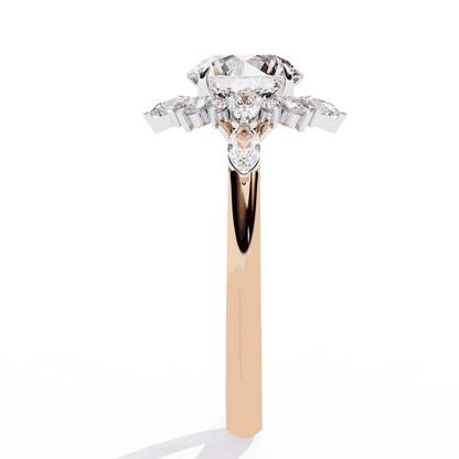 Round Cut Lab Grown Diamond Halo Engagement Ring with Snowflake Starburst Halo