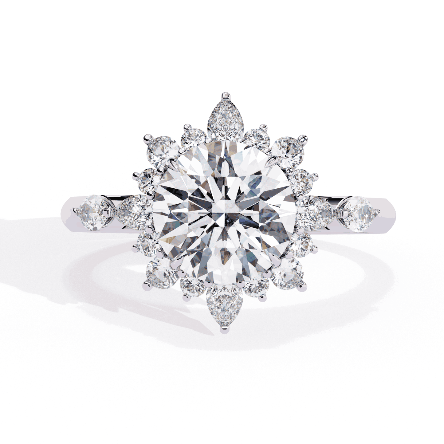 Round Cut Lab Grown Diamond Halo Engagement Ring with Snowflake Starburst Halo