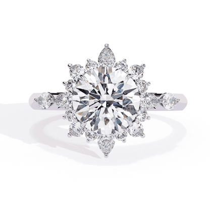 Round Cut Lab Grown Diamond Halo Engagement Ring with Snowflake Starburst Halo