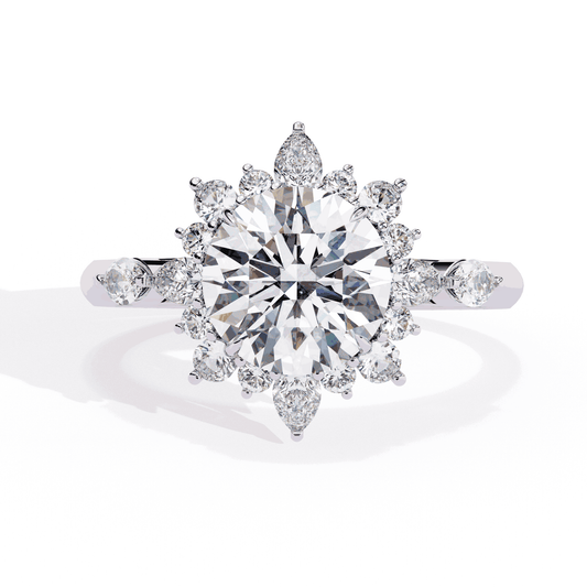 Round Cut Lab Grown Diamond Halo Engagement Ring with Snowflake Starburst Halo