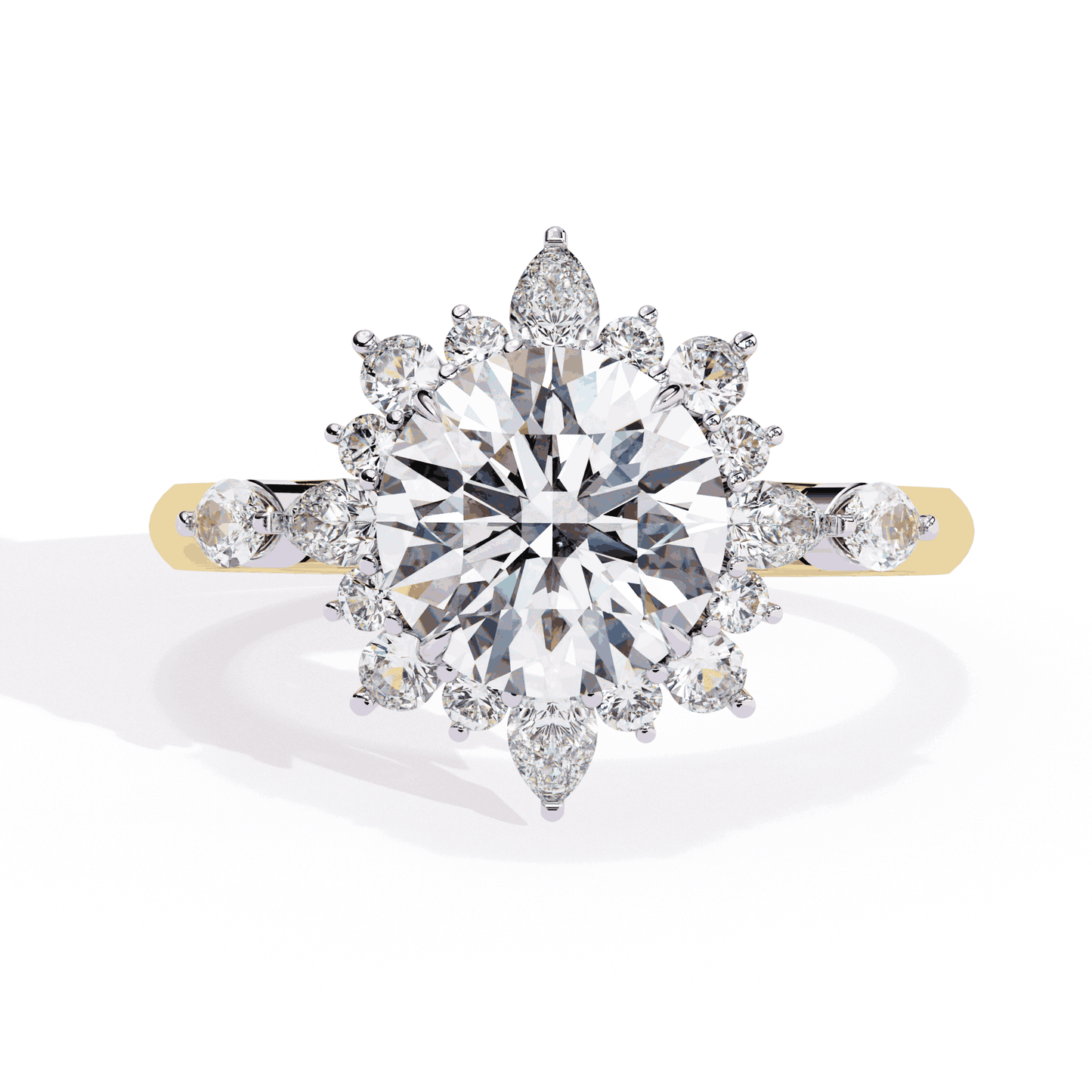Round Cut Lab Grown Diamond Halo Engagement Ring with Snowflake Starburst Halo