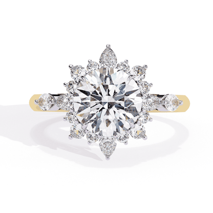 Round Cut Lab Grown Diamond Halo Engagement Ring with Snowflake Starburst Halo