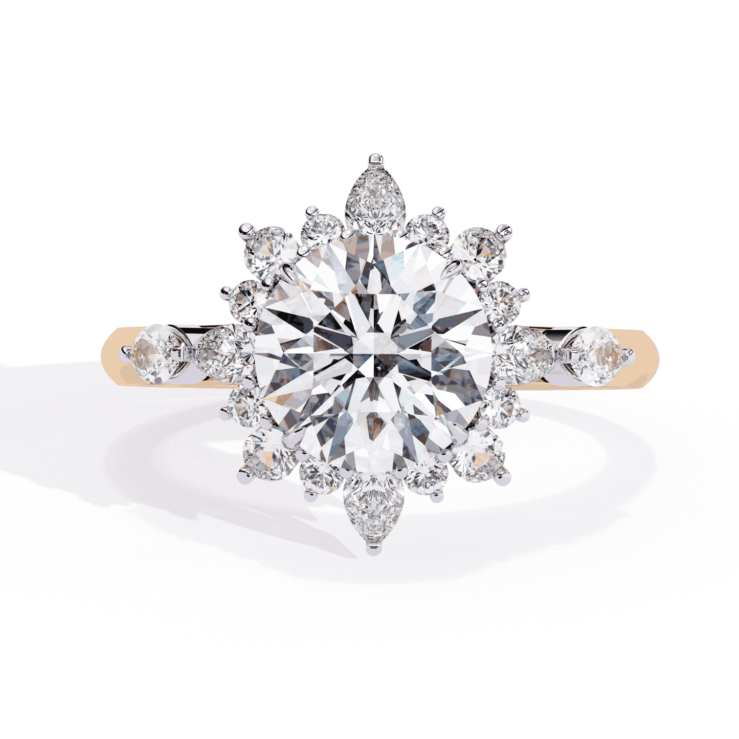 Round Cut Lab Grown Diamond Halo Engagement Ring with Snowflake Starburst Halo