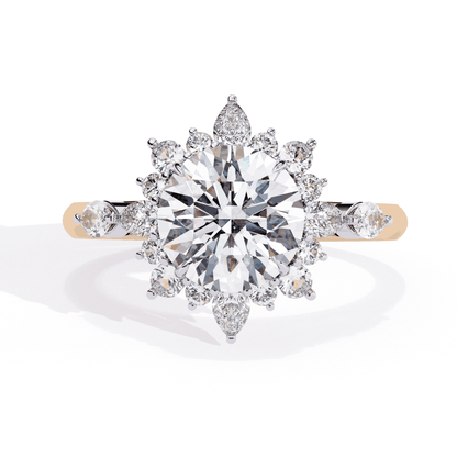 Round Cut Lab Grown Diamond Halo Engagement Ring with Snowflake Starburst Halo