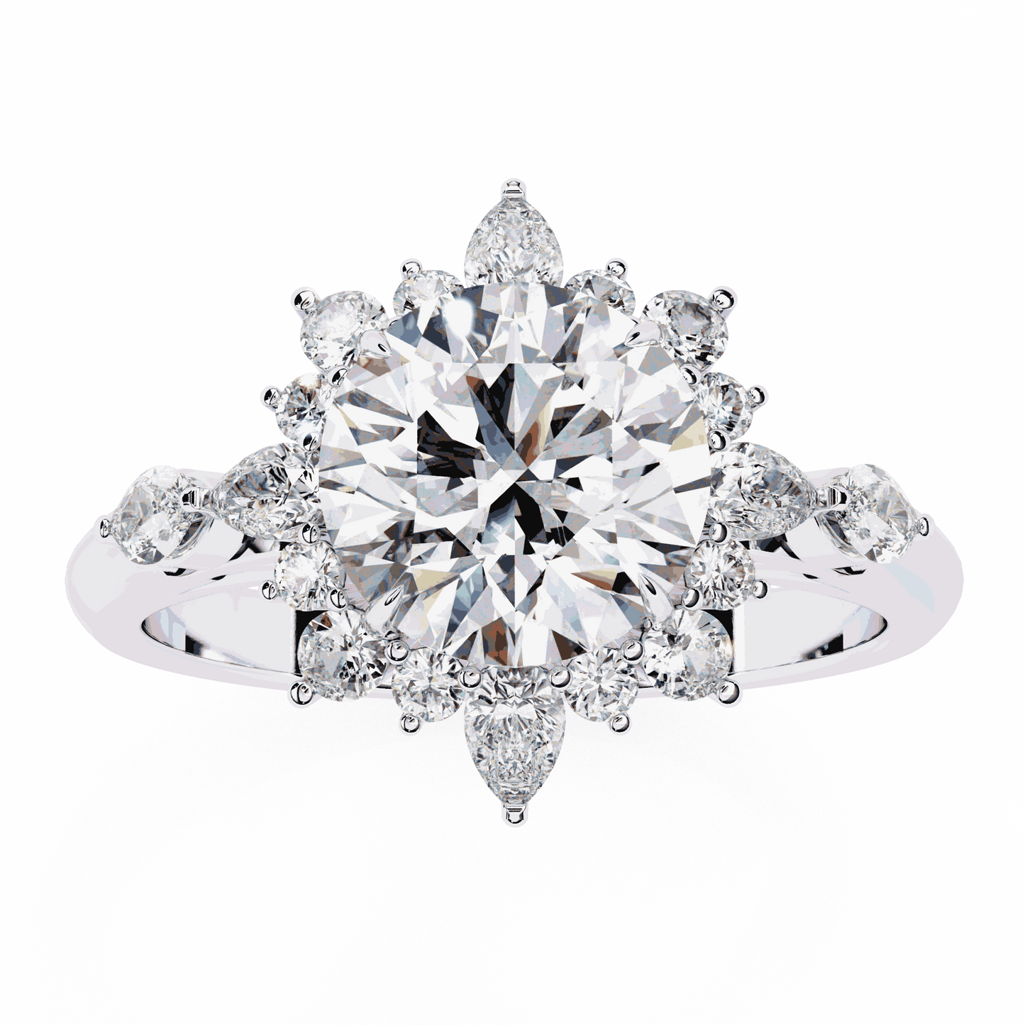 Round Cut Lab Grown Diamond Halo Engagement Ring with Snowflake Starburst Halo