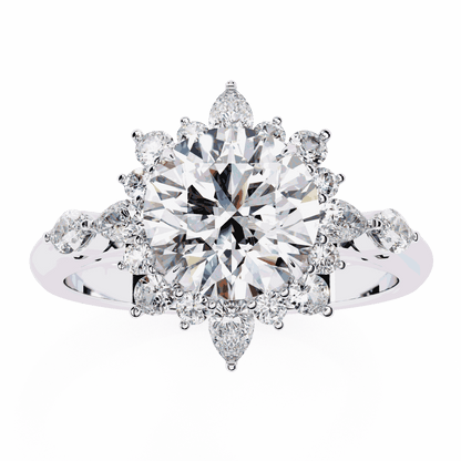 Round Cut Lab Grown Diamond Halo Engagement Ring with Snowflake Starburst Halo