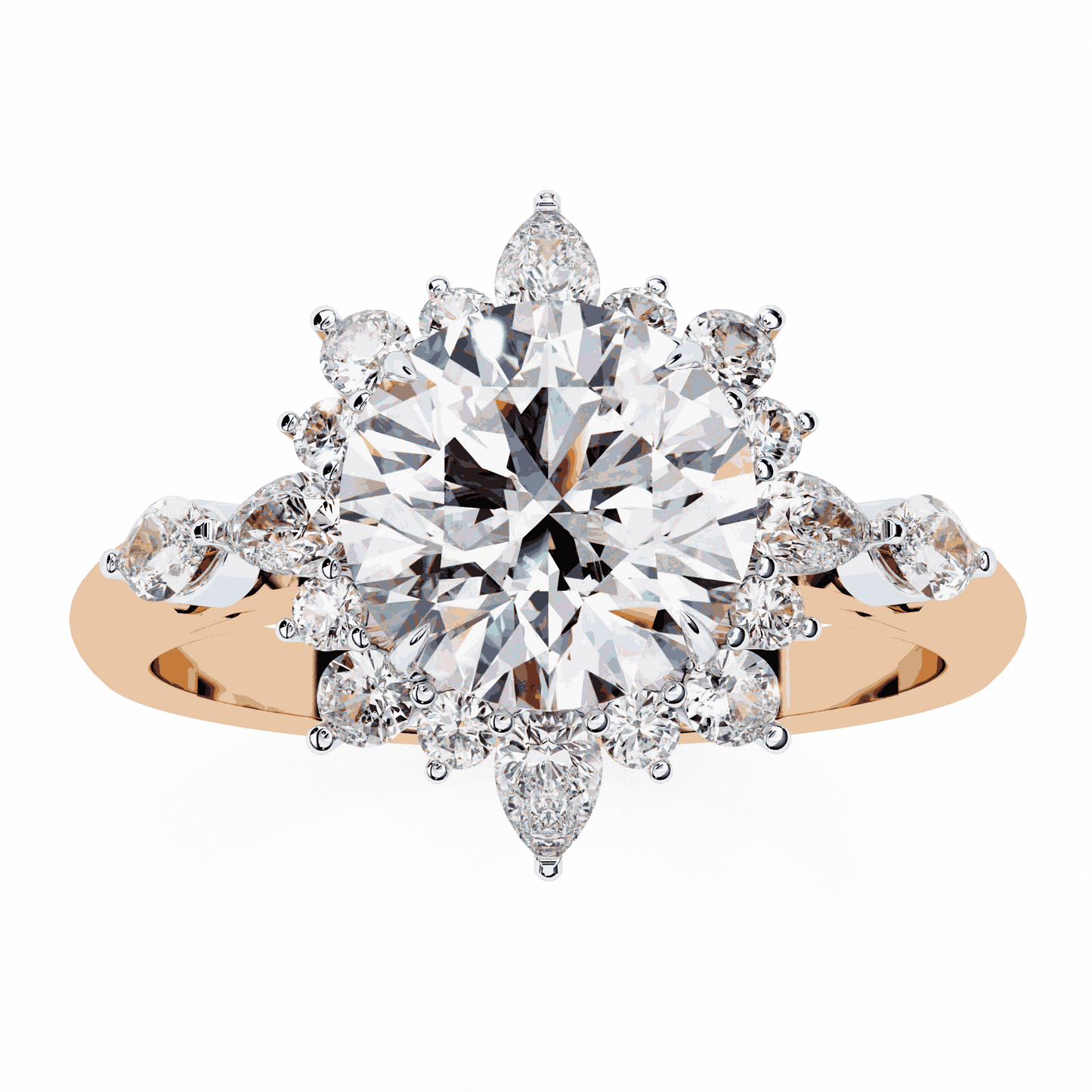 Round Cut Lab Grown Diamond Halo Engagement Ring with Snowflake Starburst Halo