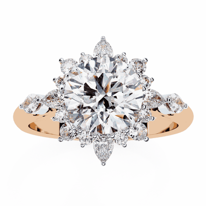 Round Cut Lab Grown Diamond Halo Engagement Ring with Snowflake Starburst Halo