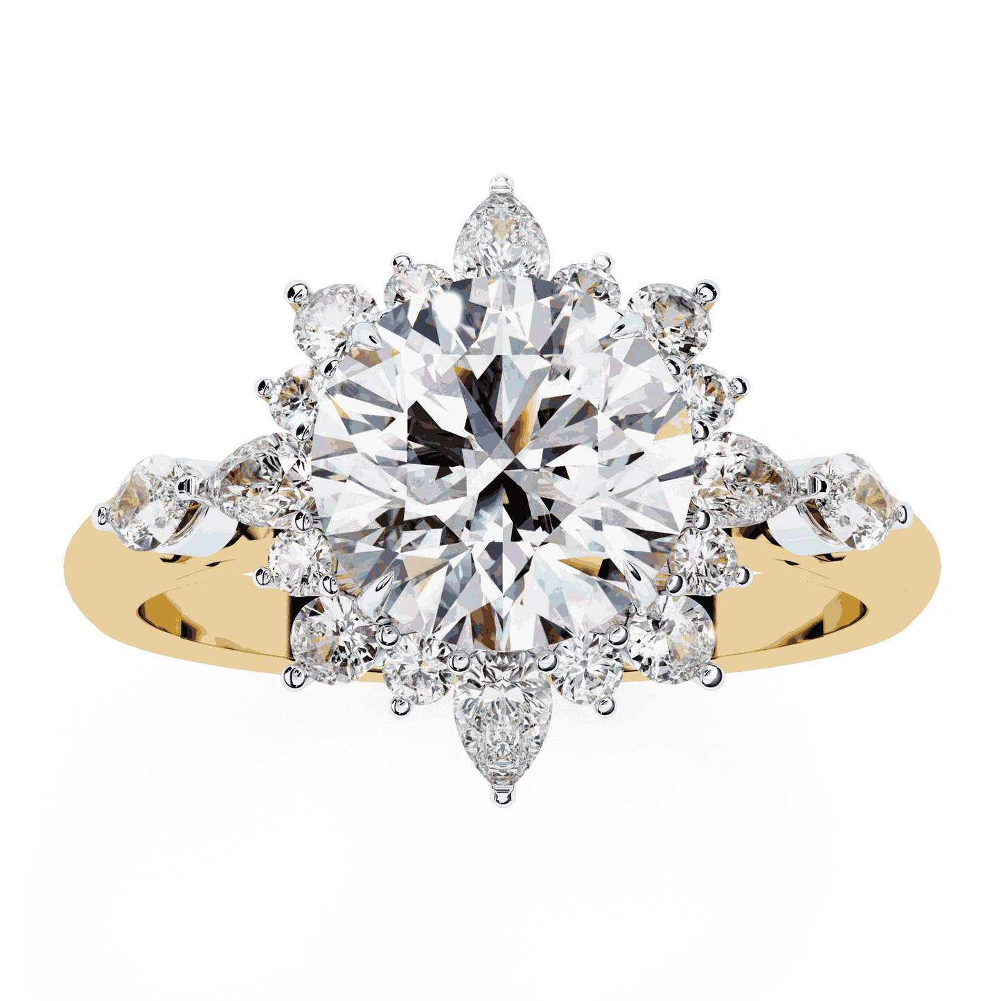 Round Cut Lab Grown Diamond Halo Engagement Ring with Snowflake Starburst Halo