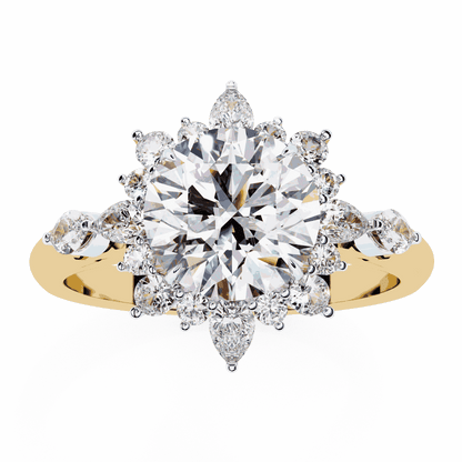 Round Cut Lab Grown Diamond Halo Engagement Ring with Snowflake Starburst Halo