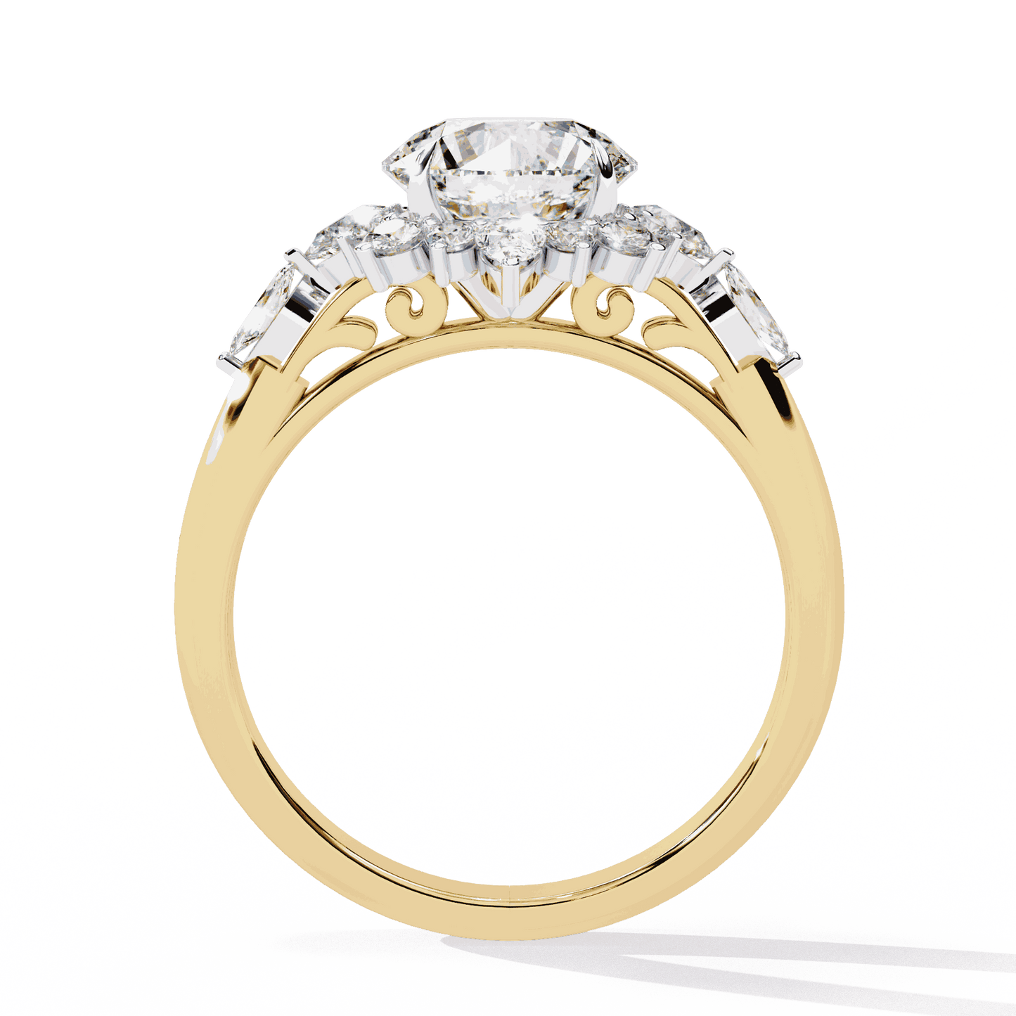 Round Cut Lab Grown Diamond Halo Engagement Ring with Snowflake Starburst Halo