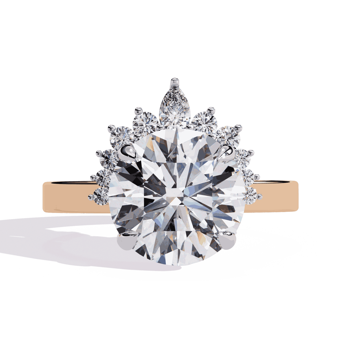 Round Cut Lab Grown Diamond Halo Engagement Ring with Tiara Crown and Pear Apex