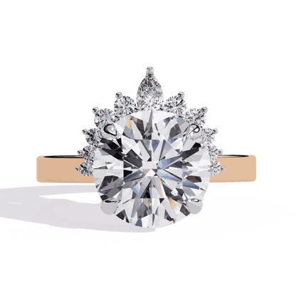 Round Cut Lab Grown Diamond Halo Engagement Ring with Tiara Crown and Pear Apex