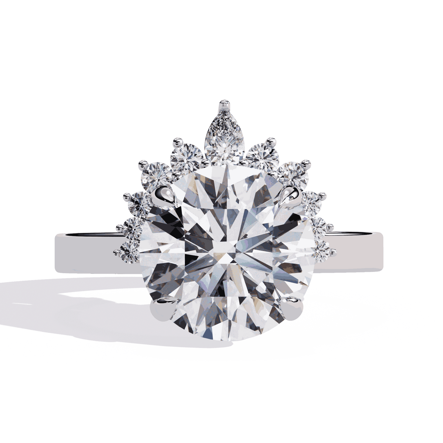 Round Cut Lab Grown Diamond Halo Engagement Ring with Tiara Crown and Pear Apex