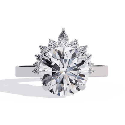 Round Cut Lab Grown Diamond Halo Engagement Ring with Tiara Crown and Pear Apex