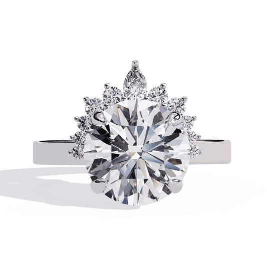 Round Cut Lab Grown Diamond Halo Engagement Ring with Tiara Crown and Pear Apex