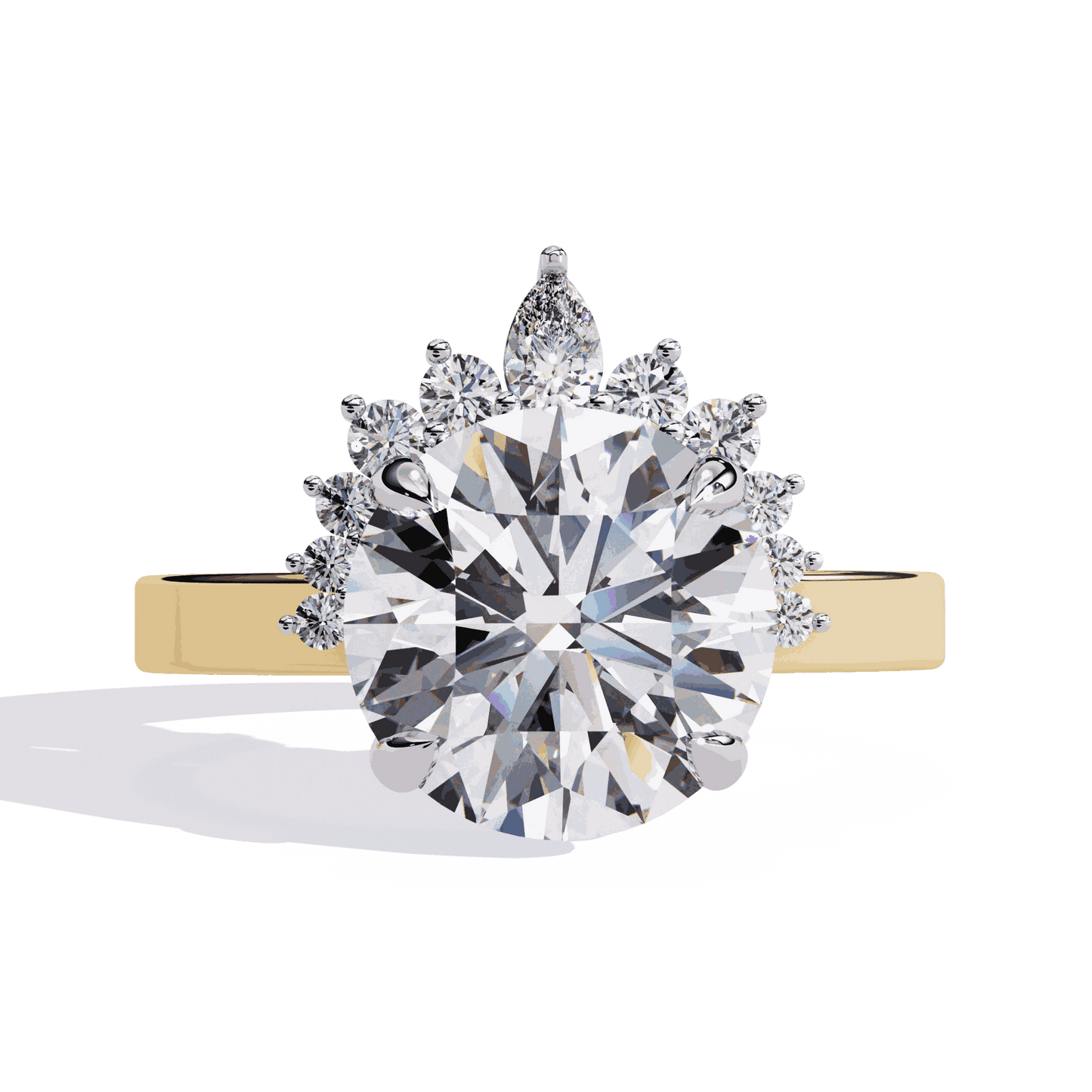 Round Cut Lab Grown Diamond Halo Engagement Ring with Tiara Crown and Pear Apex