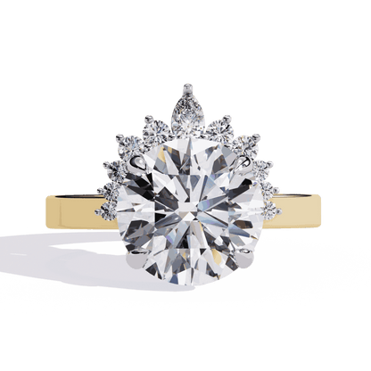 Round Cut Lab Grown Diamond Halo Engagement Ring with Tiara Crown and Pear Apex