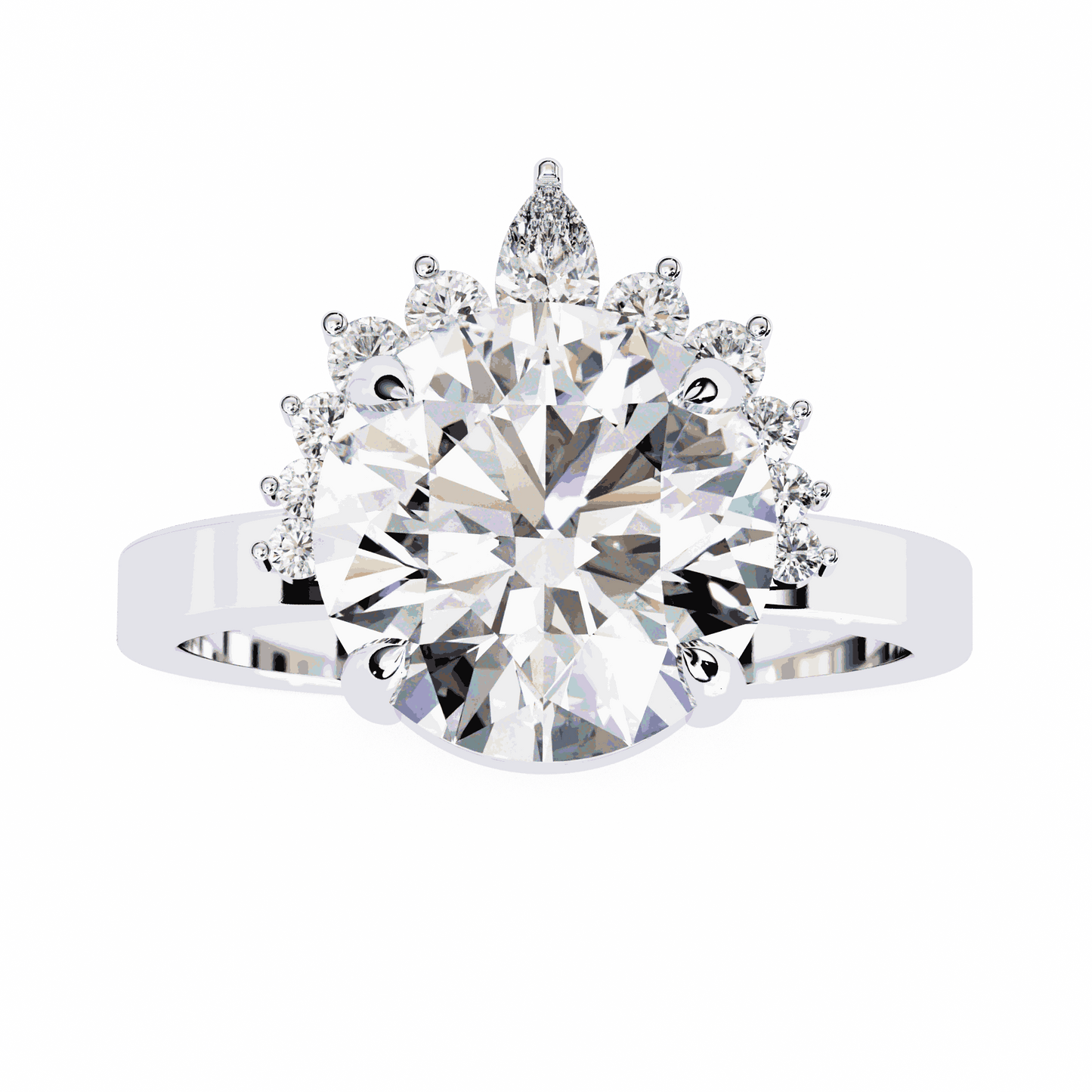 Round Cut Lab Grown Diamond Halo Engagement Ring with Tiara Crown and Pear Apex