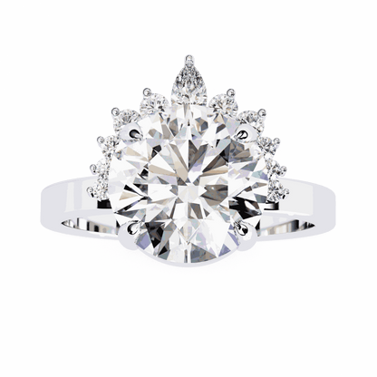 Round Cut Lab Grown Diamond Halo Engagement Ring with Tiara Crown and Pear Apex