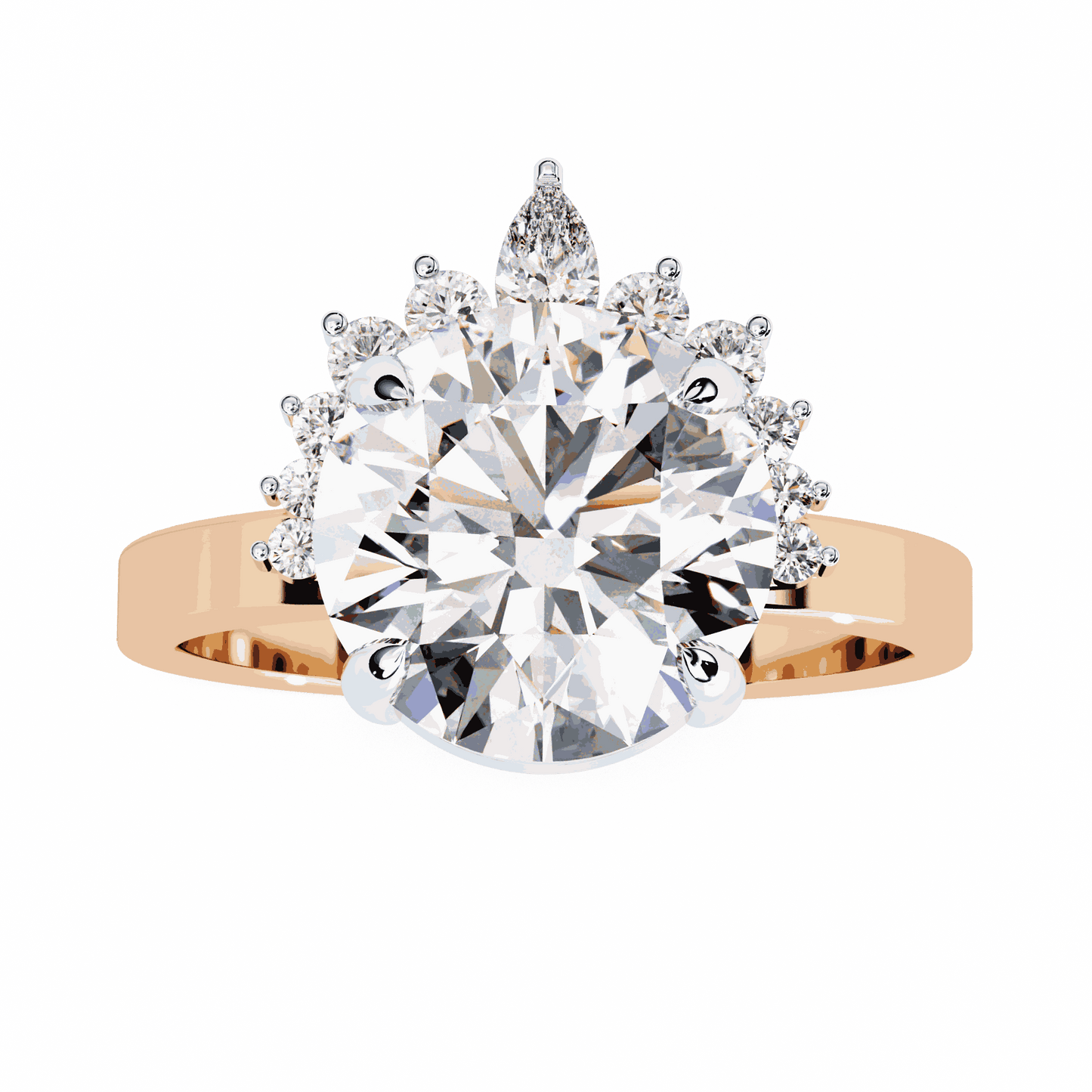 Round Cut Lab Grown Diamond Halo Engagement Ring with Tiara Crown and Pear Apex