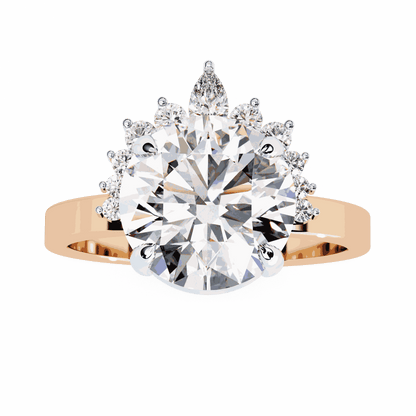 Round Cut Lab Grown Diamond Halo Engagement Ring with Tiara Crown and Pear Apex