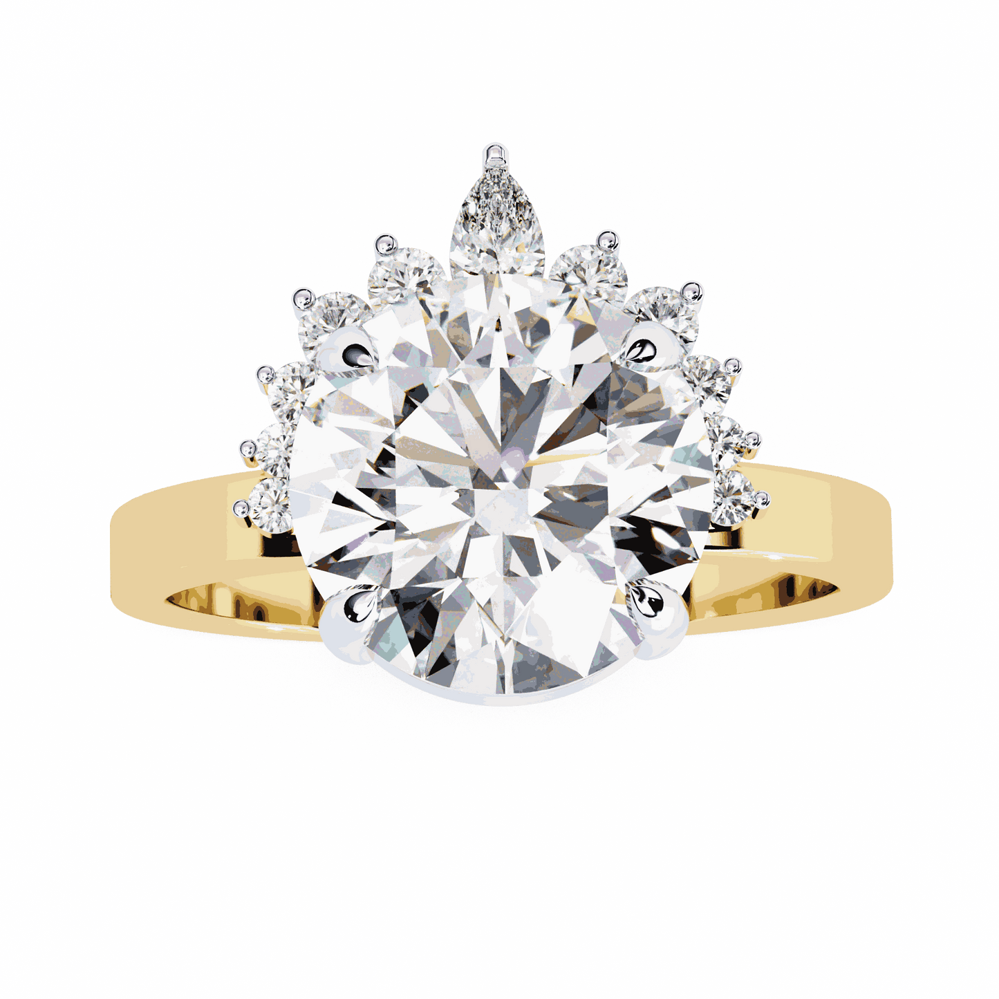 Round Cut Lab Grown Diamond Halo Engagement Ring with Tiara Crown and Pear Apex