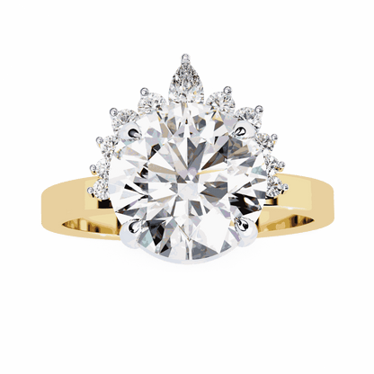 Round Cut Lab Grown Diamond Halo Engagement Ring with Tiara Crown and Pear Apex