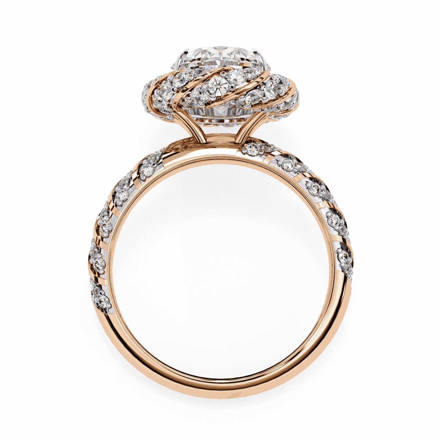Oval Cut Lab Grown Diamond Halo Engagement Ring with Two-Tone Ribbon Wrap