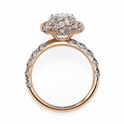 Oval Cut Lab Grown Diamond Halo Engagement Ring with Two-Tone Ribbon Wrap
