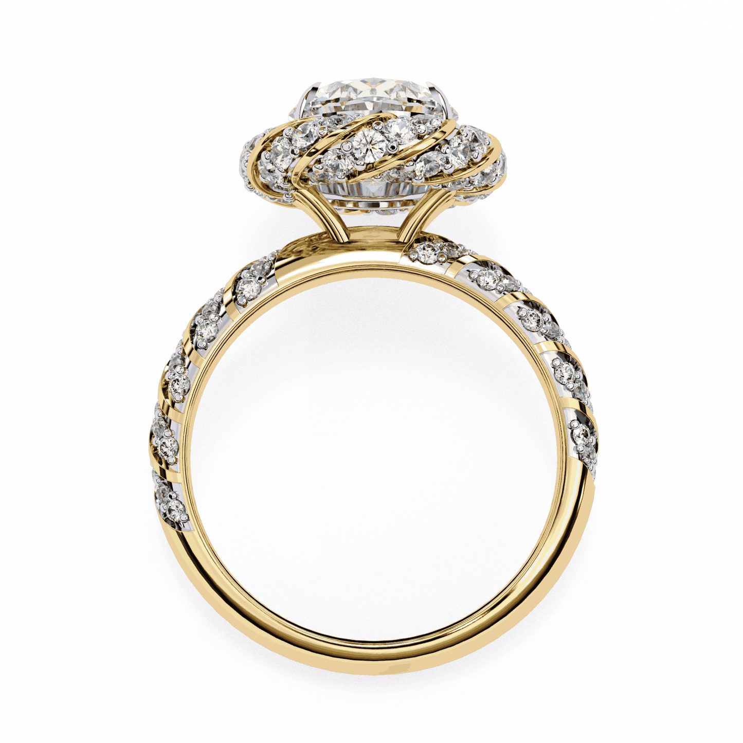 Oval Cut Lab Grown Diamond Halo Engagement Ring with Two-Tone Ribbon Wrap